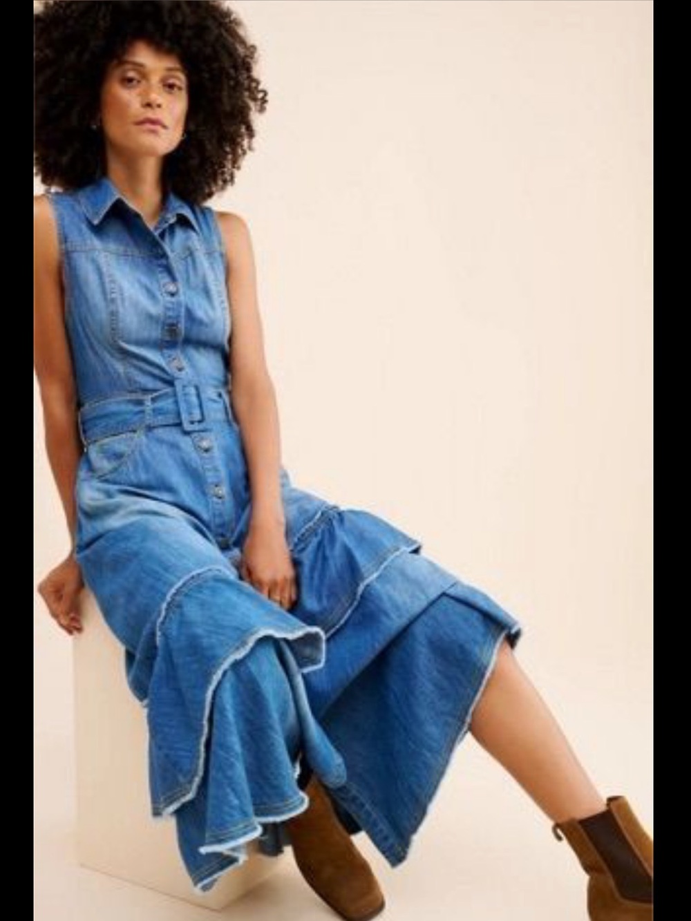 Free People Blue Denim Button-Front Tiered Ruffle Midi Dress with Belt - Picture 2 of 2
